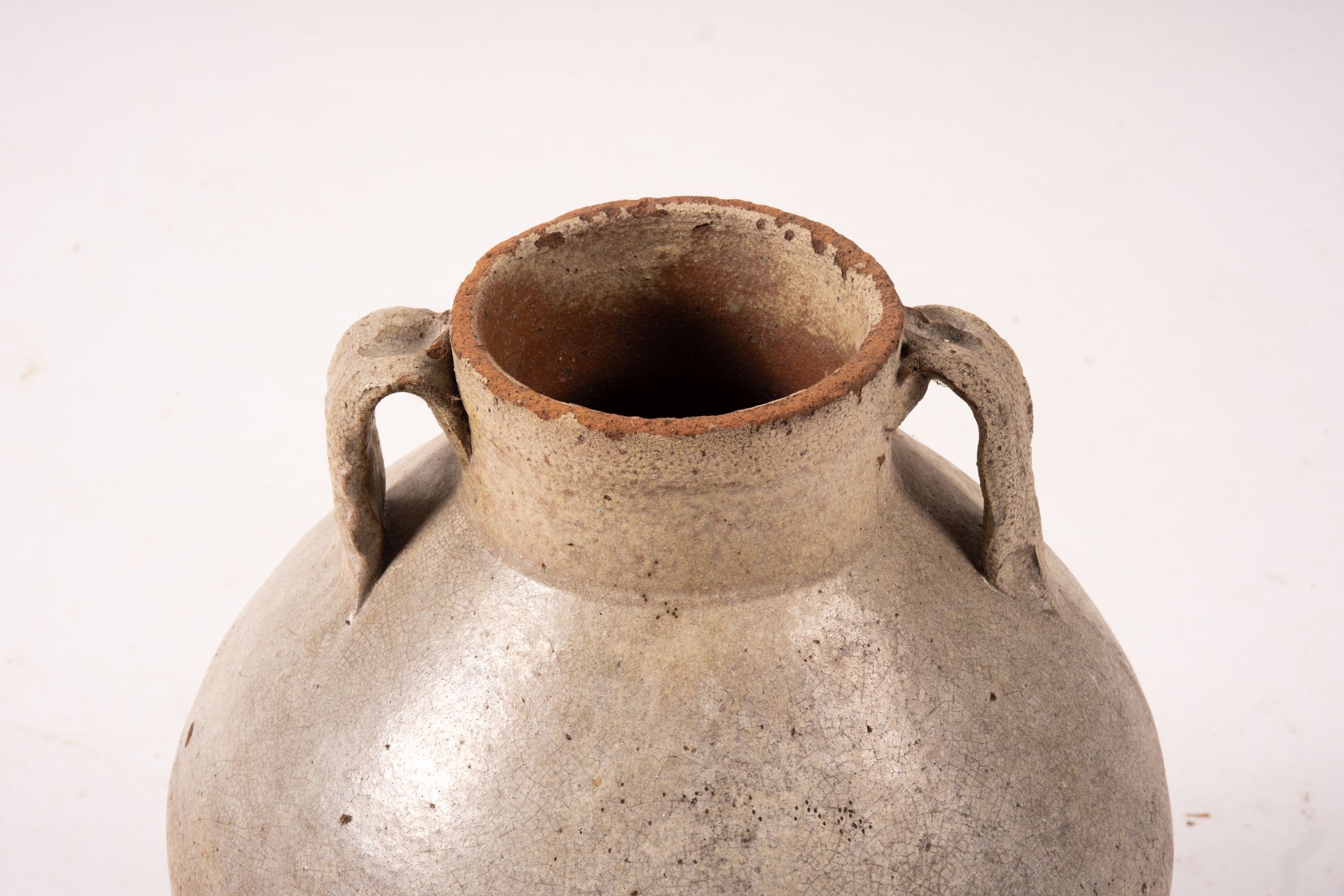 A Victorian iron bound staved oak jug, height 36cm, an amphora style pottery vase and a copper warming pan